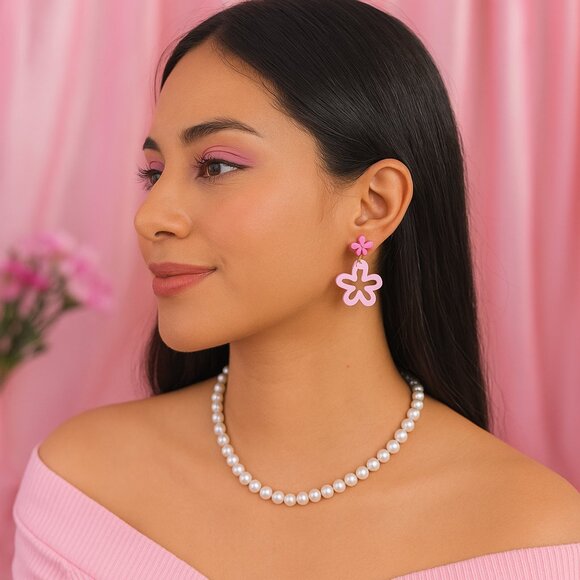 Pink Flower Earrings | Cute Retro Floral Statement Jewelry - Picture 2 of 3